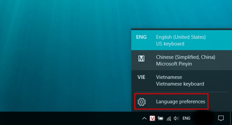 Mở Language preference trên máy tính bằng thanh Taskbar