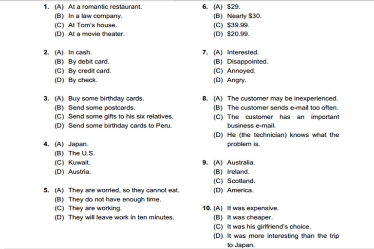 10 câu hỏi part 1 section 1