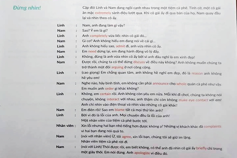 Đoạn truyện tiếng Việt chêm tiếng Anh trong sách (Nguồn: Yêu lại từ đầu tiếng Anh)