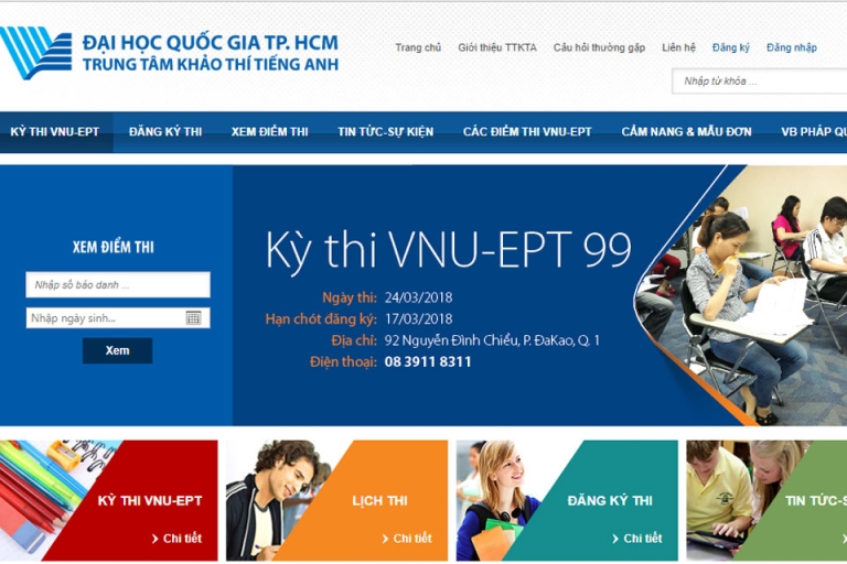 Trang thông báo chính thức về cuộc thi VNU EPT (Nguồn: toeicdangngoc)