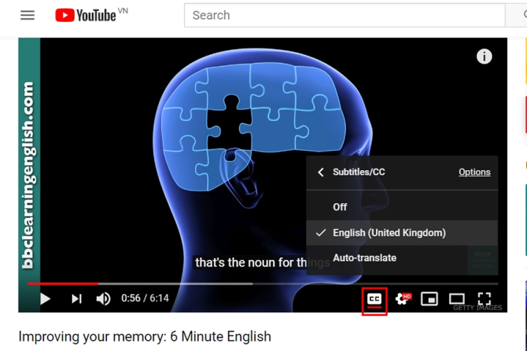 Vị trị nút CC (phụ đề) nằm ở thanh hiệu chỉnh video giúp người xem dễ dàng tiếp cận (Nguồn: YouTube - BBC Learning English)