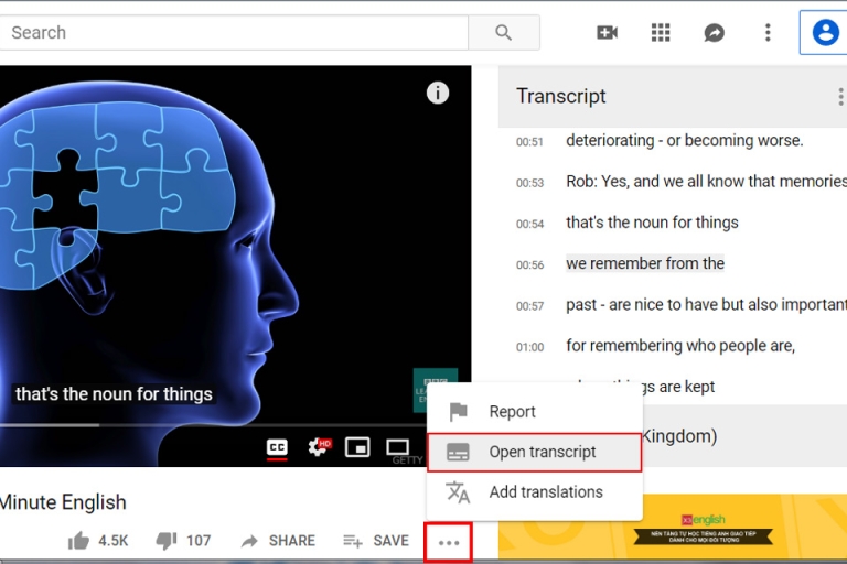 Vị trí và giao diện khi bật công cụ Open transcript trong một video cụ thể (Nguồn: YouTube - BBC Learning English)