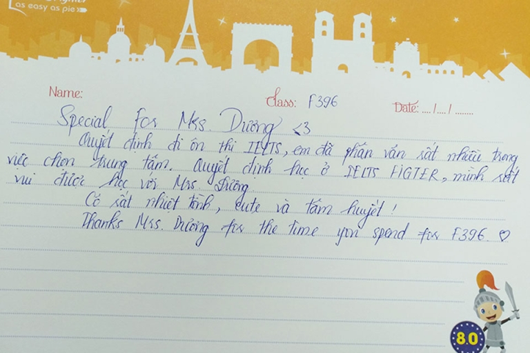 Bức tâm thư viết tay được học viên để lại để bày tỏ sự yếu mến với người cô đã giúp đỡ mình