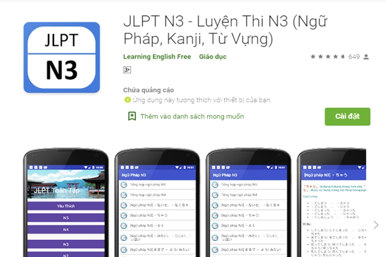 Ứng dụng JLPT N3 - Luyện Thi N3 (Ngữ Pháp, Kanji, Từ Vựng) giúp bạn vượt qua kỳ đánh giá N3 dễ dàng
