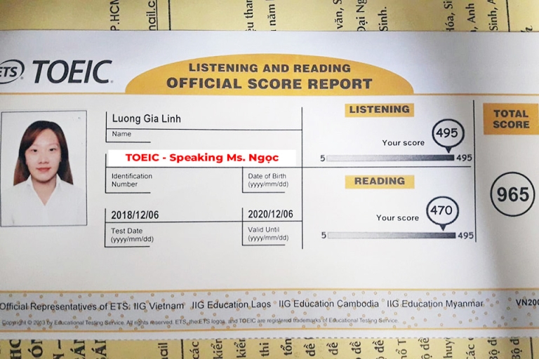 Cô bạn Lương Gia Linh với phần nghe đạt số điểm tuyệt đối 495/495