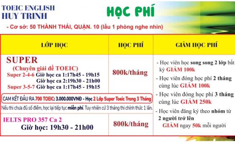 Thông tin học phí và ưu đãi của Trung tâm Anh ngữ Huy Trịnh dành cho học viên (Nguồn: TOEIC Huy Trịnh)