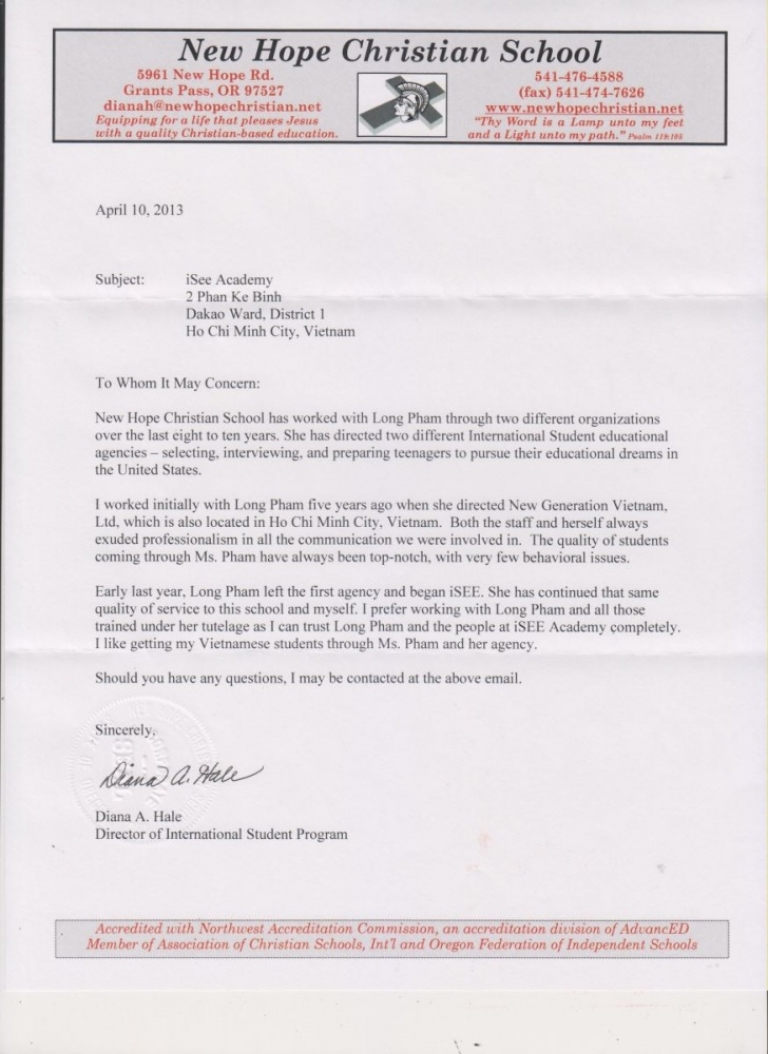 Thư giới thiệu và khen ngợi ISEE Academy từ Bà Diana - đại diện trường New Hope Christian School (Hoa Kỳ)