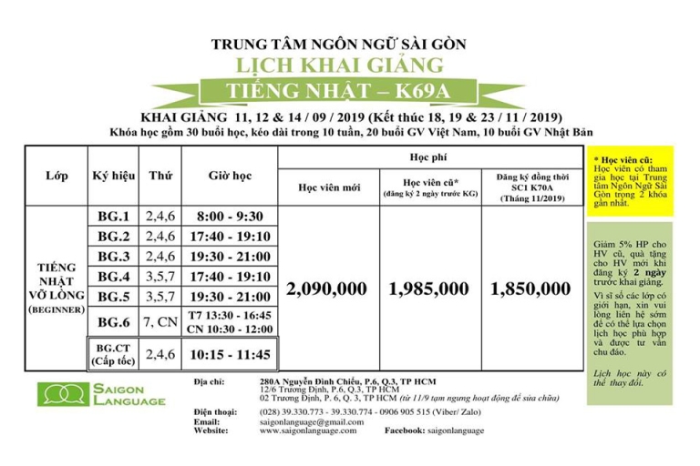 Lịch khai giảng tiếng Nhật