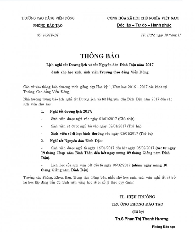 Thong Bao Nghi Tet Cao Dang Vien Dong